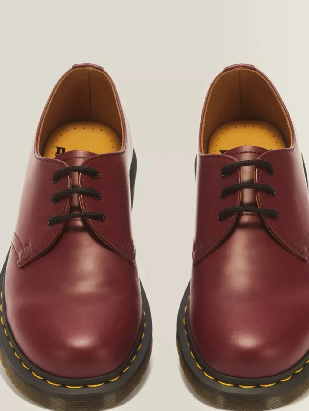 NWOT. Dr. Martens Men's 3-Eye Derby in Burgundy with Yellow Stitching